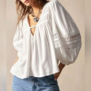 New Flowy Sheer Embroidered Lace Peasant Blouse Top White